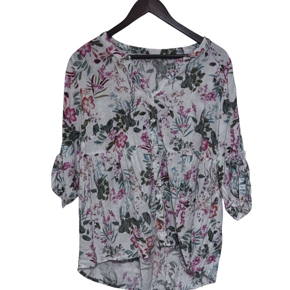 Saint Tropez West Tops - Saint Tropez West Floral Linen Blend Babydoll Top 1X Pink White Roll Tab Sleeve‎